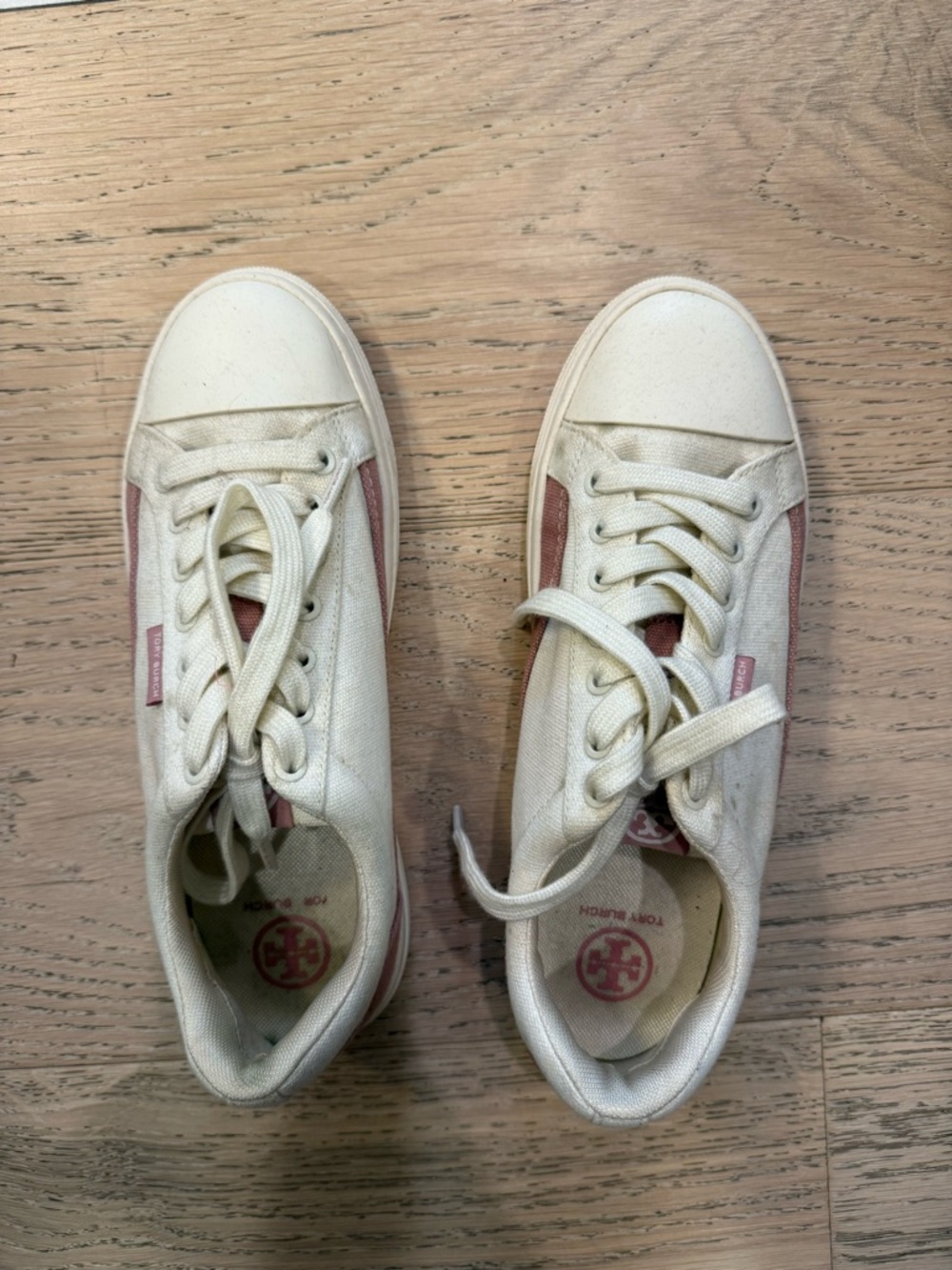 Tory Burch Cream Canvas Sneakers with Dusty Rose Stripe Size 7